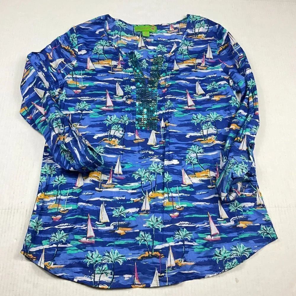 Island Republic Womens Tunic Top Beach Resort Print Sequin Long Sleeve Medium